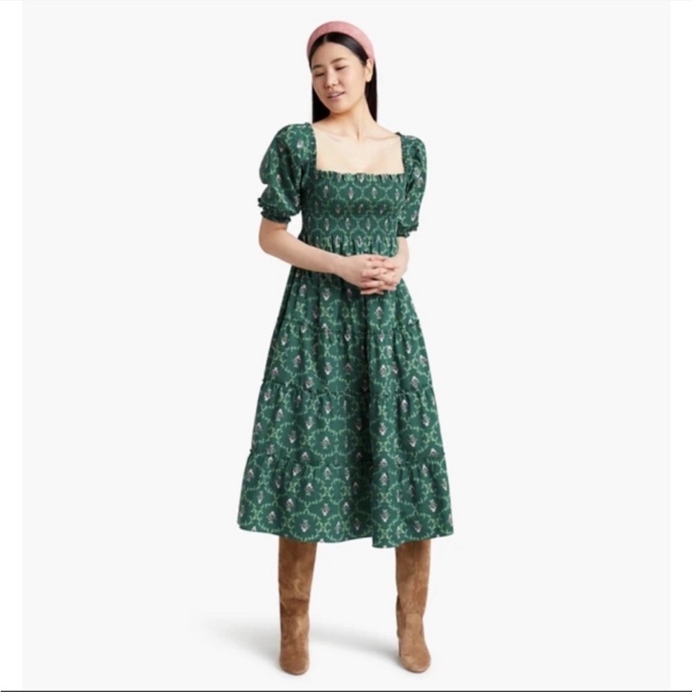 Hill House Nesli Nap Dress Emerald Trellis NWT